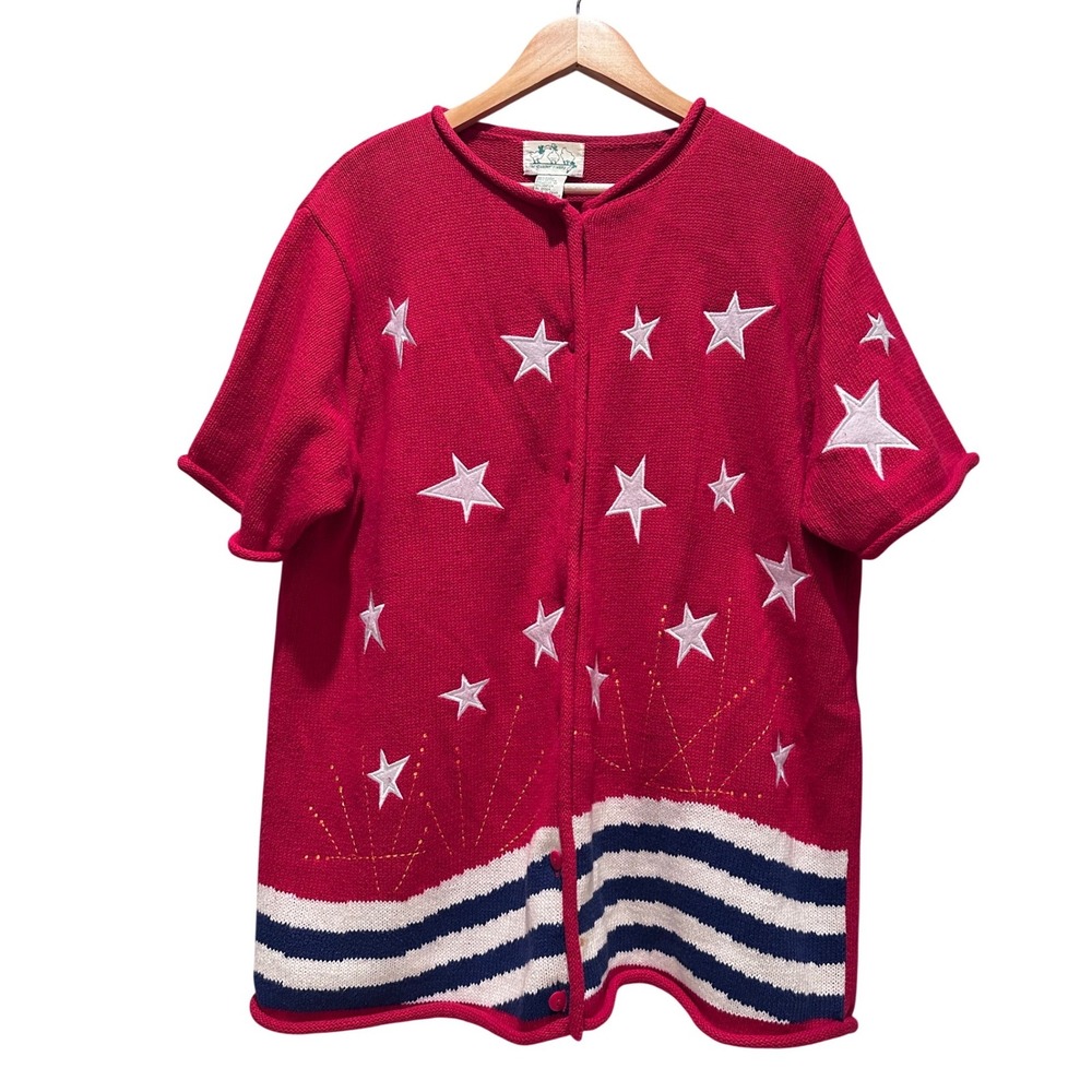 Vintage The Quacker Factory Red White Blue Stars Stripes‎ Cardigan Sweater Large